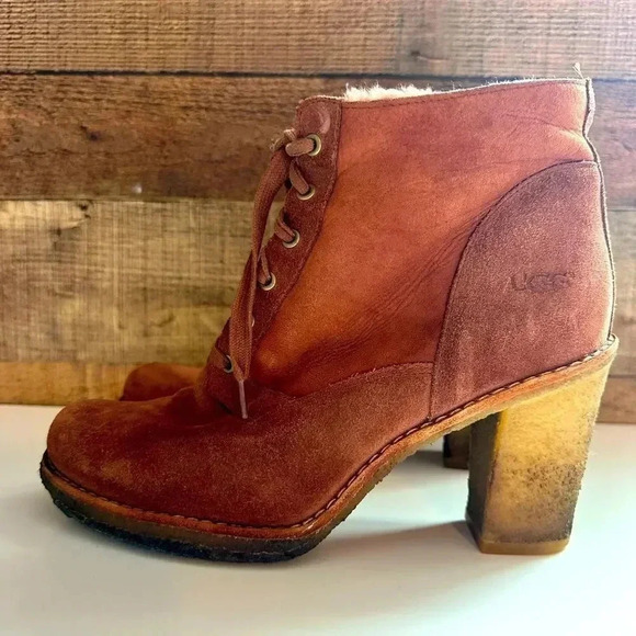 Ugg Australia Sophia Cinnamon Suede Leather Lace Up Heeled Ankle Boots - Picture 3 of 6